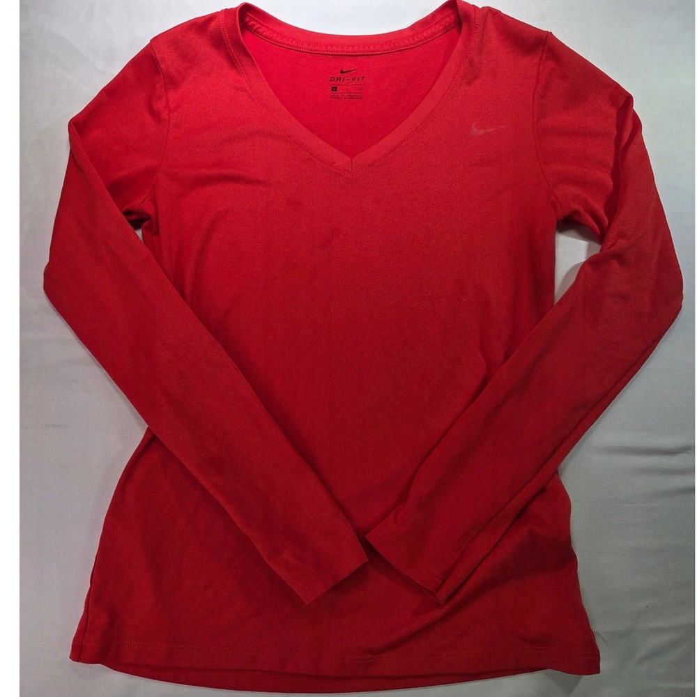 Nike Dri-FIT Womens Long Sleeve V-Neck Training Shirt Red Small Activewear